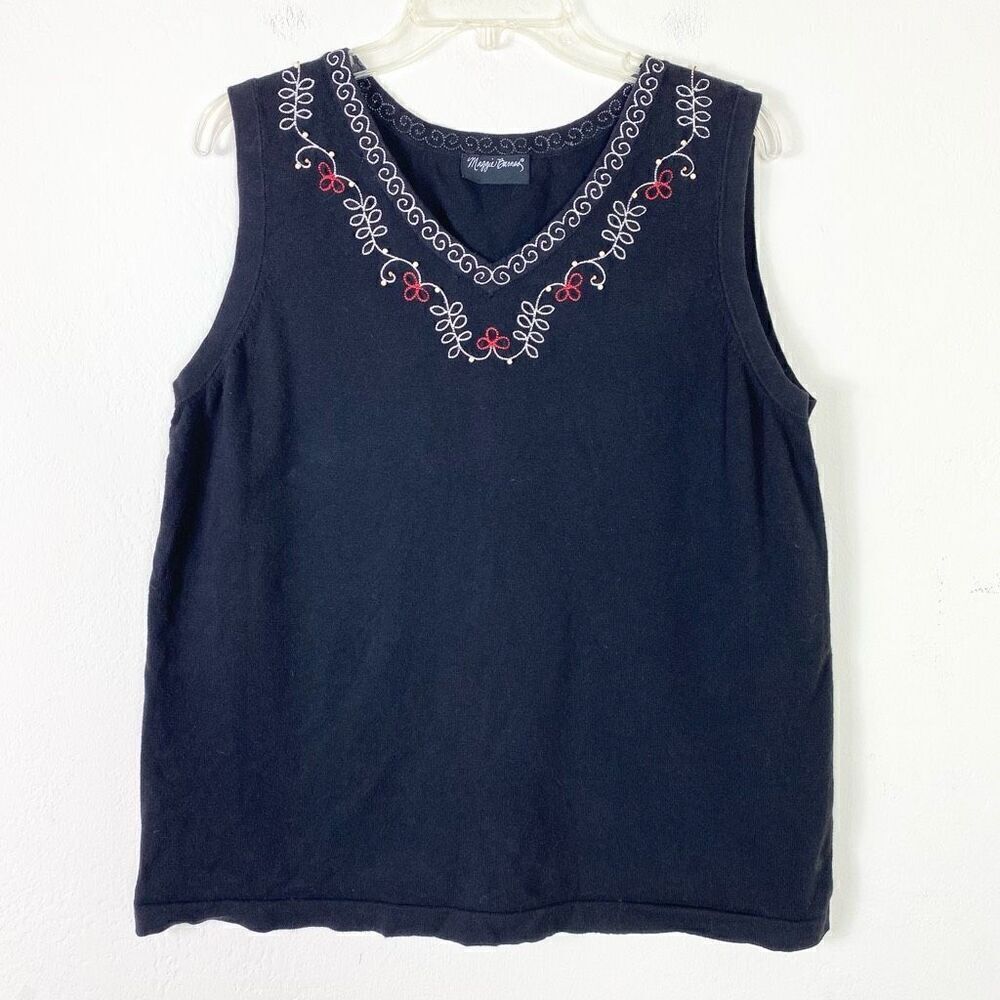 Maggie Barnes Black Embroidered Neckline Sleeveless Shirt Top Size